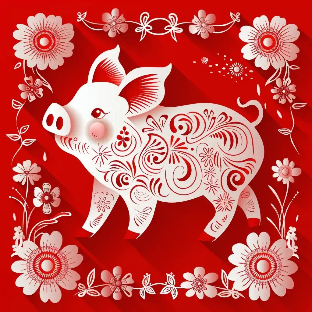 Paper Cut Pig with Floral Border Midjourney提示词