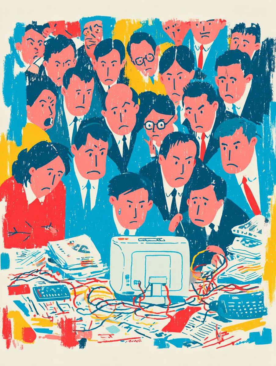 Vintage Office Crisis: Anxious Business Crowd & Desktop Chaos Nano Banana提示词