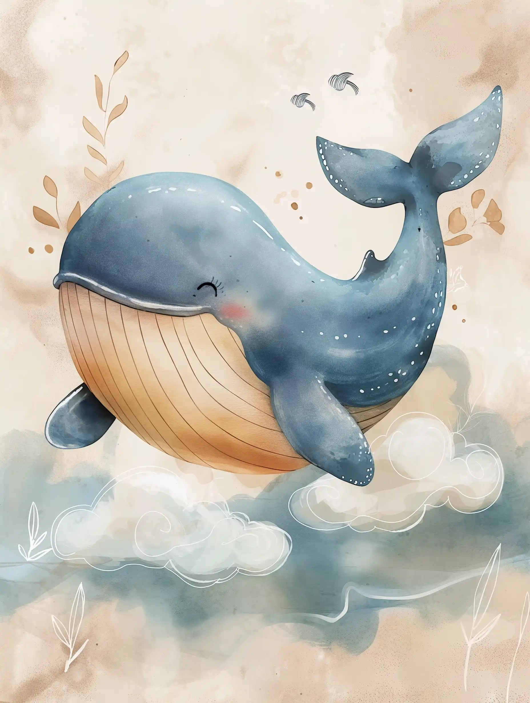 Boho Whale in Clouds Midjourney提示词
