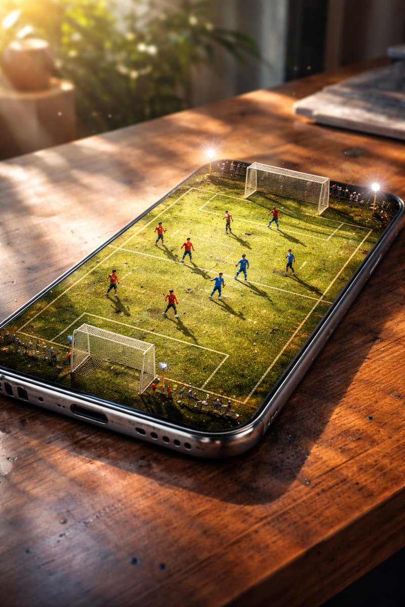 Miniature Soccer Game on Smartphone Screen - Digital Sports Nano Banana提示词
