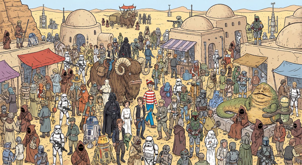 Star Wars Tatooine Market Illustration with Waldo Nano Banana提示词