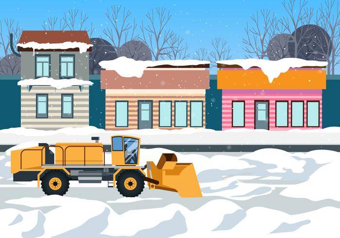大雪吹风机清理商店矢量场景前的道路