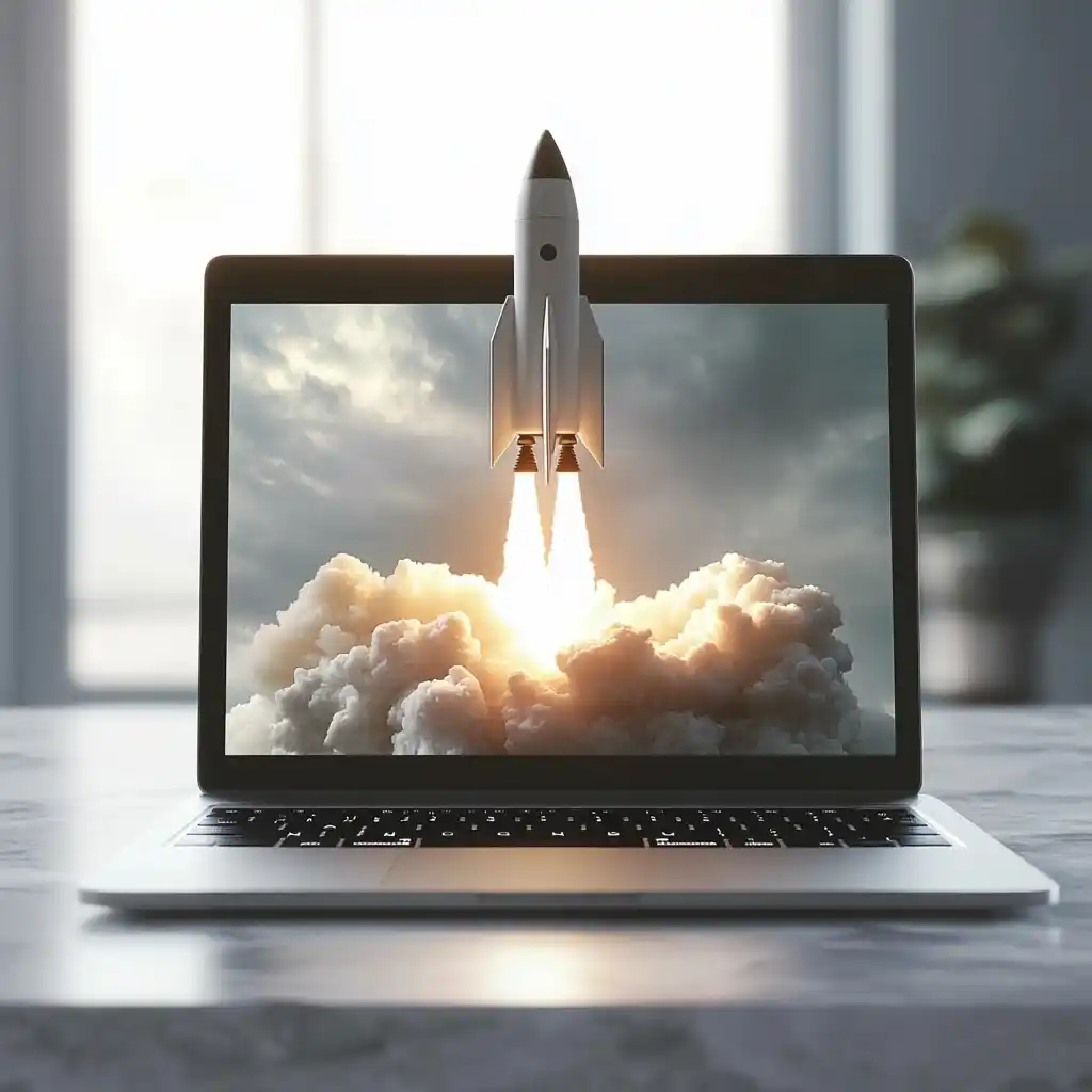 Realistic Laptop with Rocketship Midjourney提示词