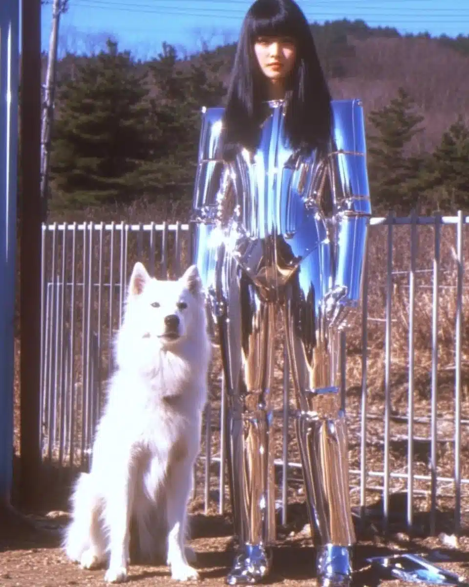 Chrome Armored Woman in Rural Korea Midjourney提示词