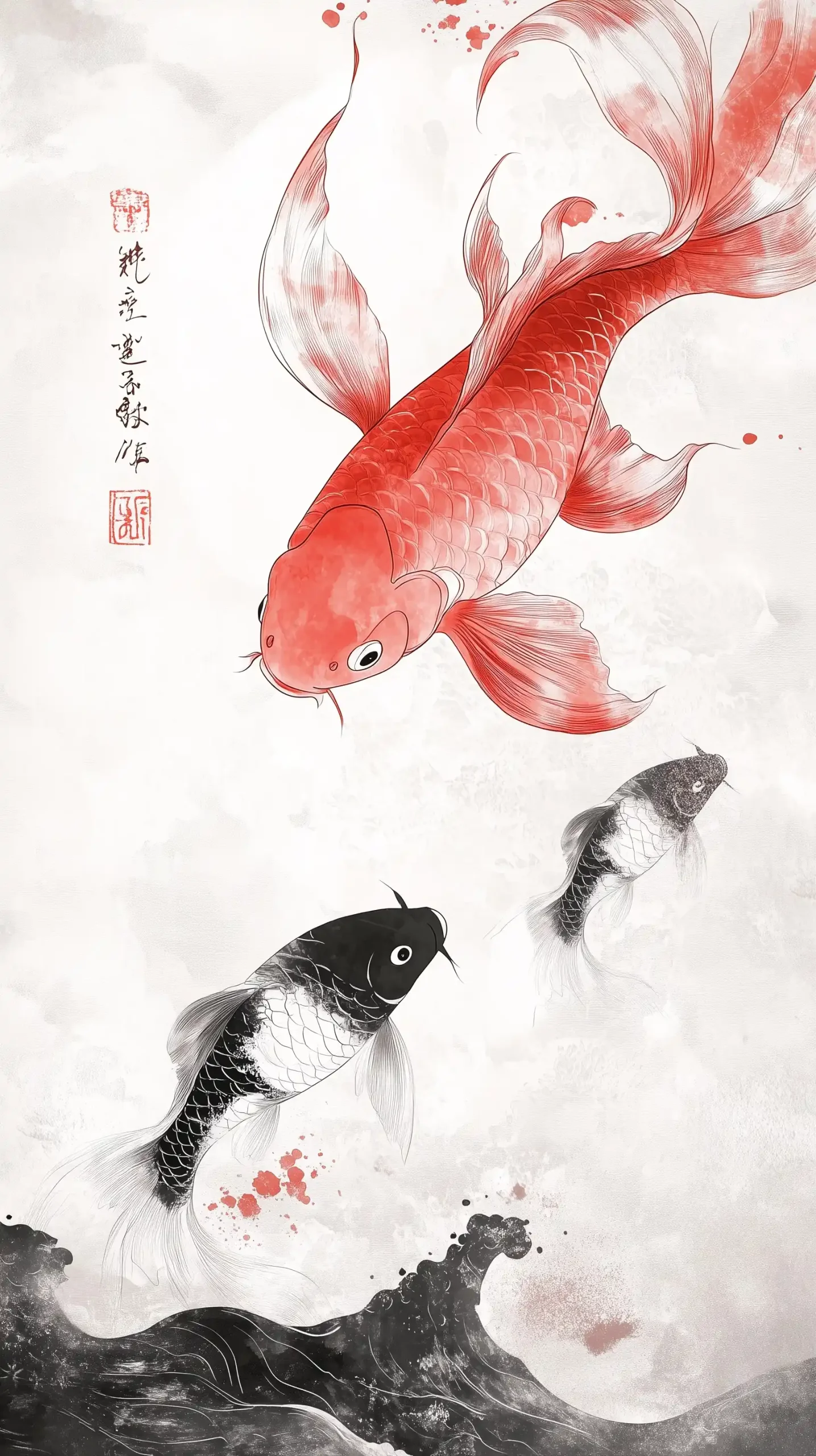 Koi Fish in Ink Painting Midjourney提示词