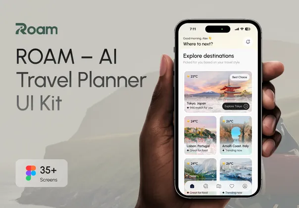 AI旅行规划App UI套件（Figma，Roam），Roam — AI Travel Planner UI Kit