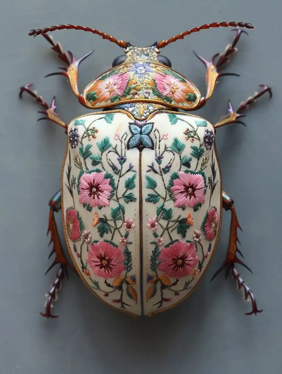 Embroidered Beetle on Desk Midjourney提示词
