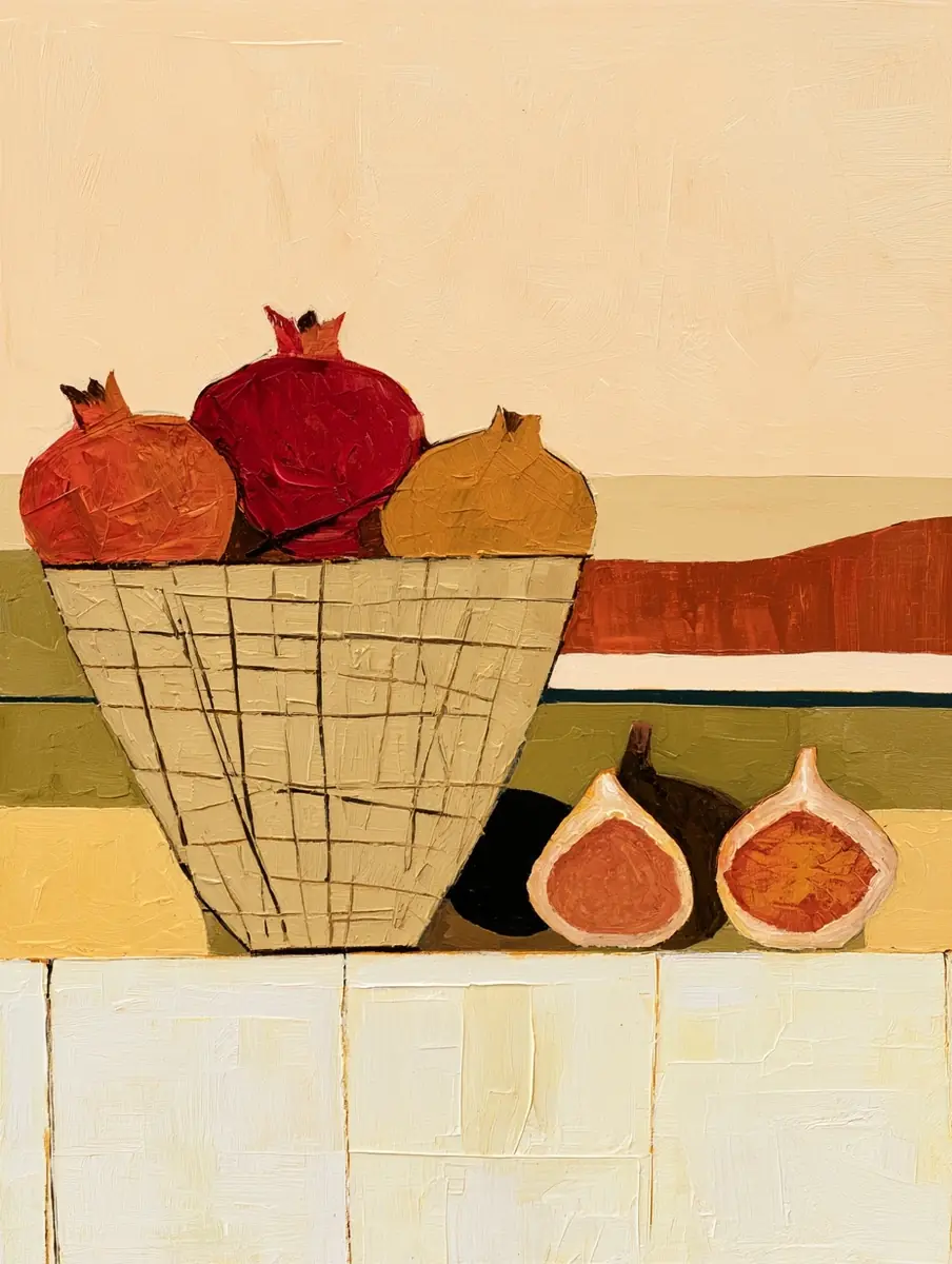Naive Fruit Basket Painting Midjourney提示词