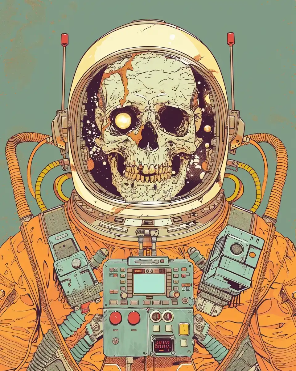 Vintage Skeleton Astronaut Comic Midjourney提示词