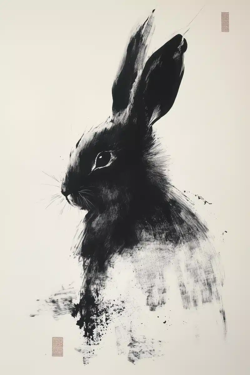 Abstract Sumi-e Rabbit Painting Midjourney提示词
