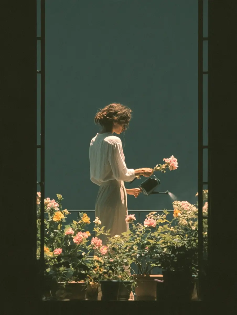 Analog Woman Watering Flower Midjourney提示词