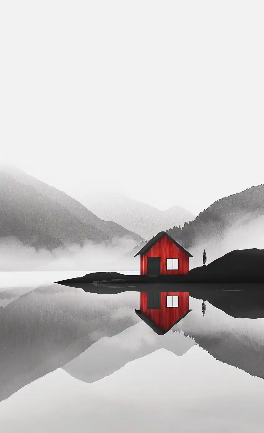 Minimalist Red House in Mountains Midjourney提示词