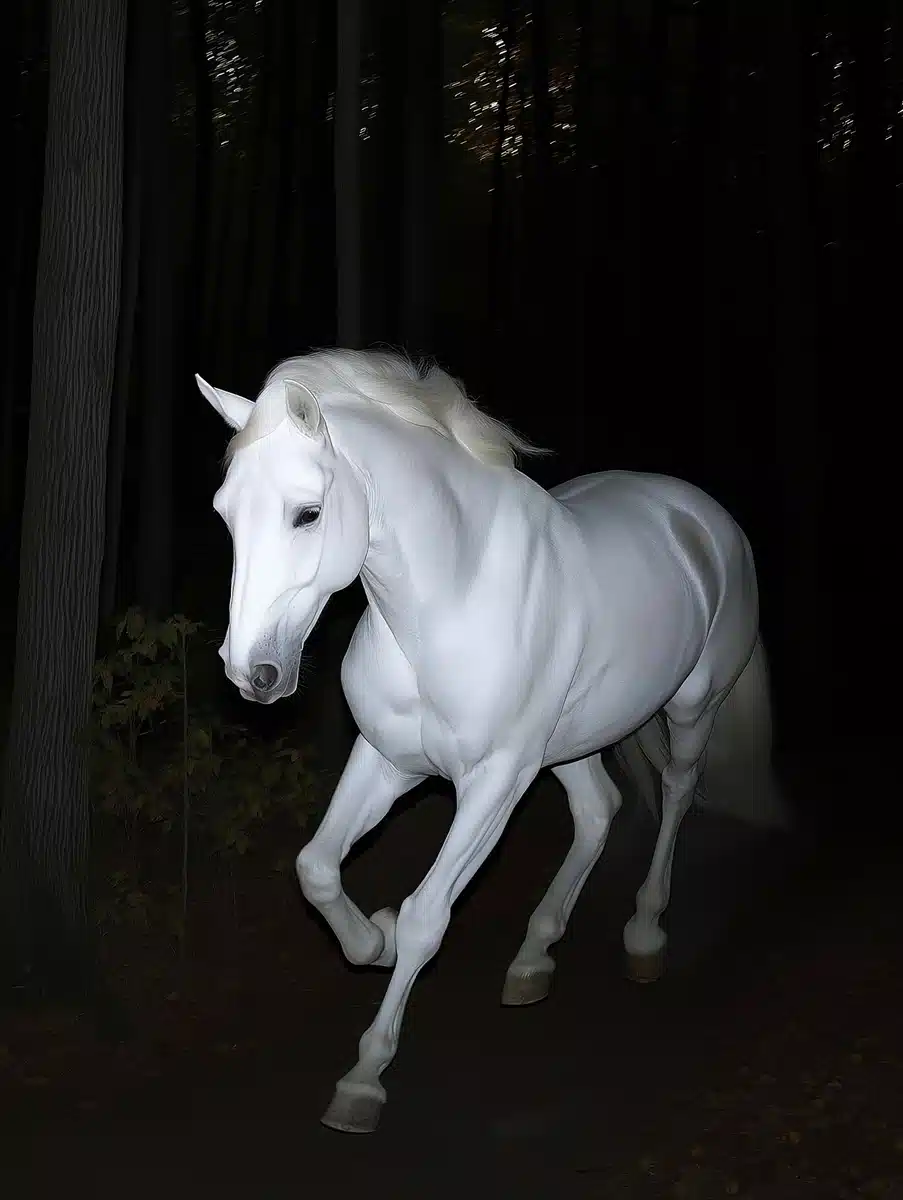 Albino Horse in Forest Midjourney提示词