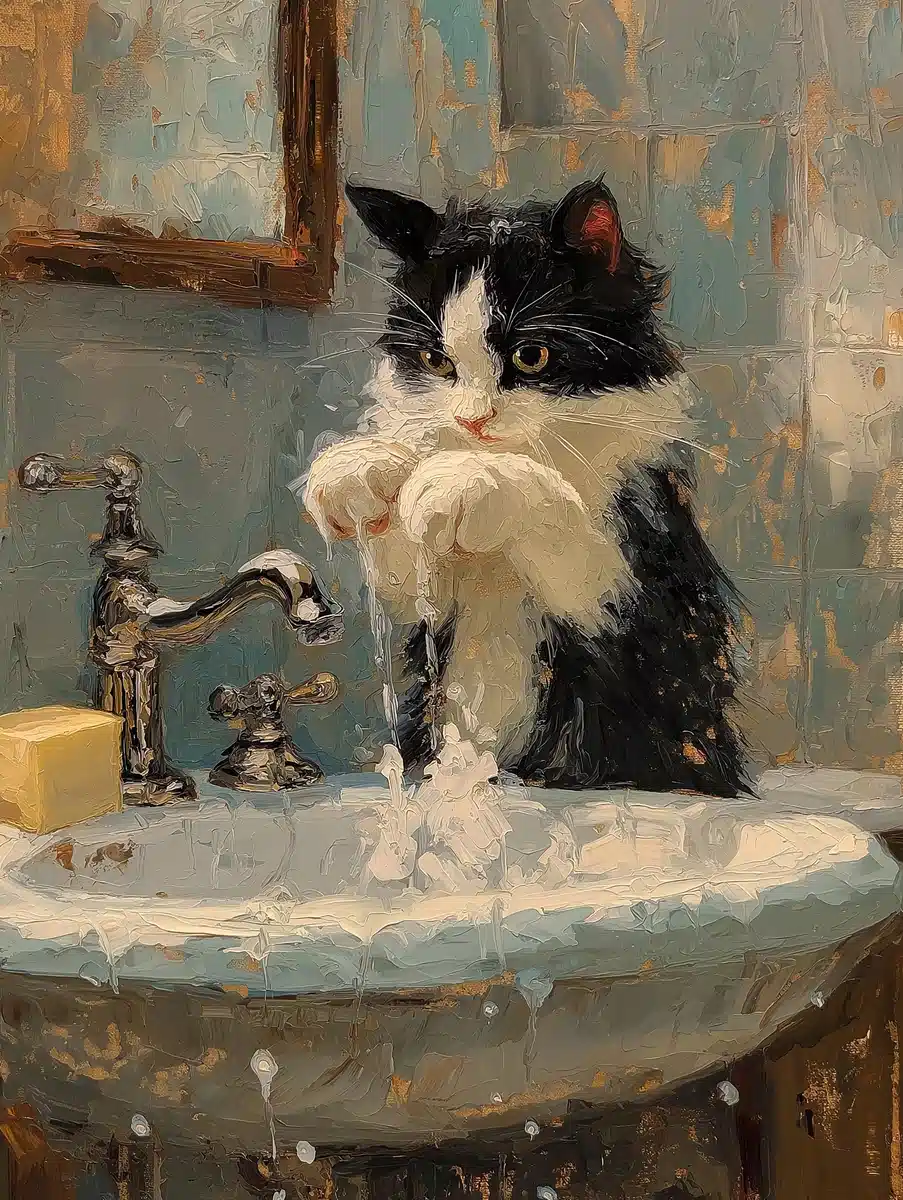 Tuxedo Cat at Sink Midjourney提示词