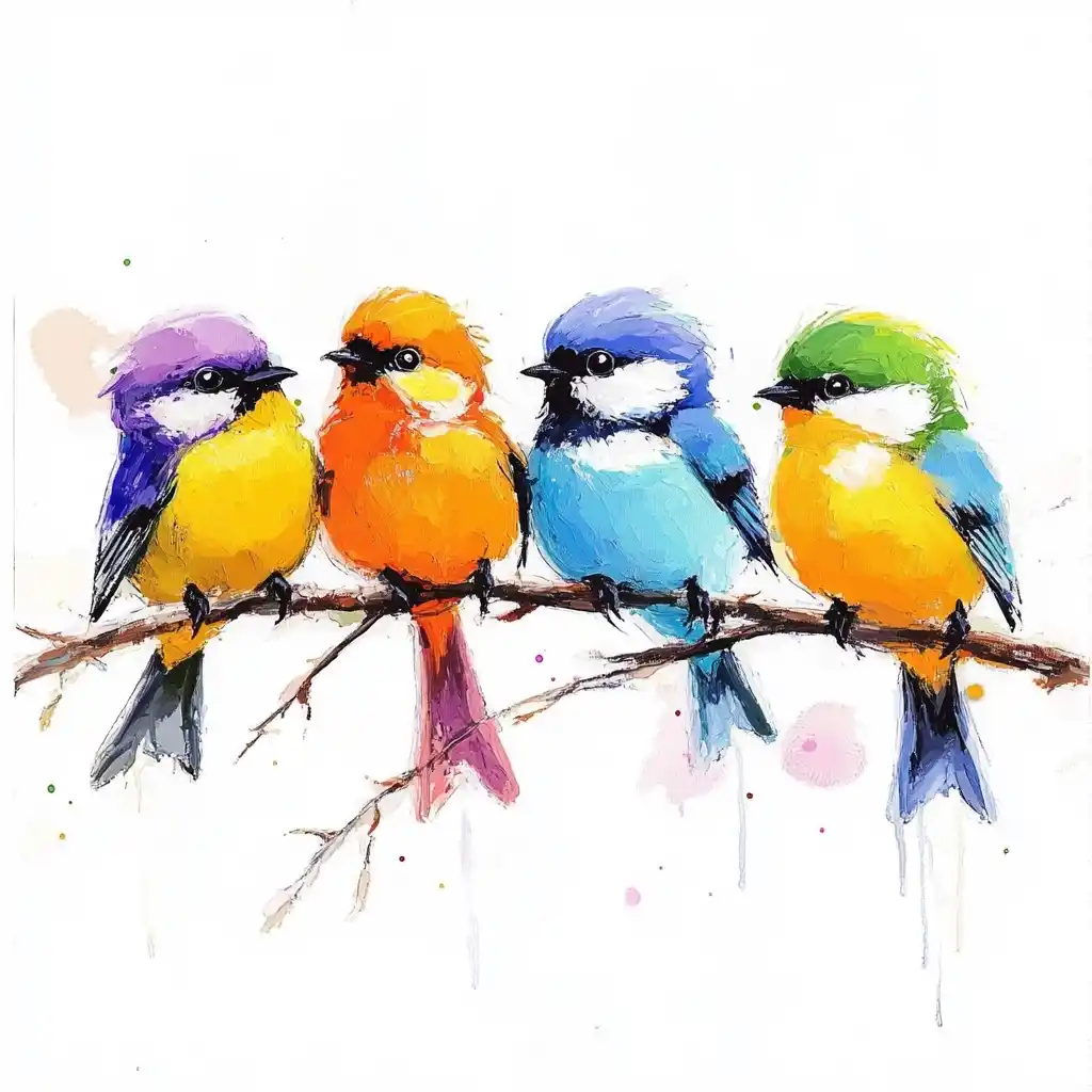 Colorful Birds on Branch Midjourney提示词