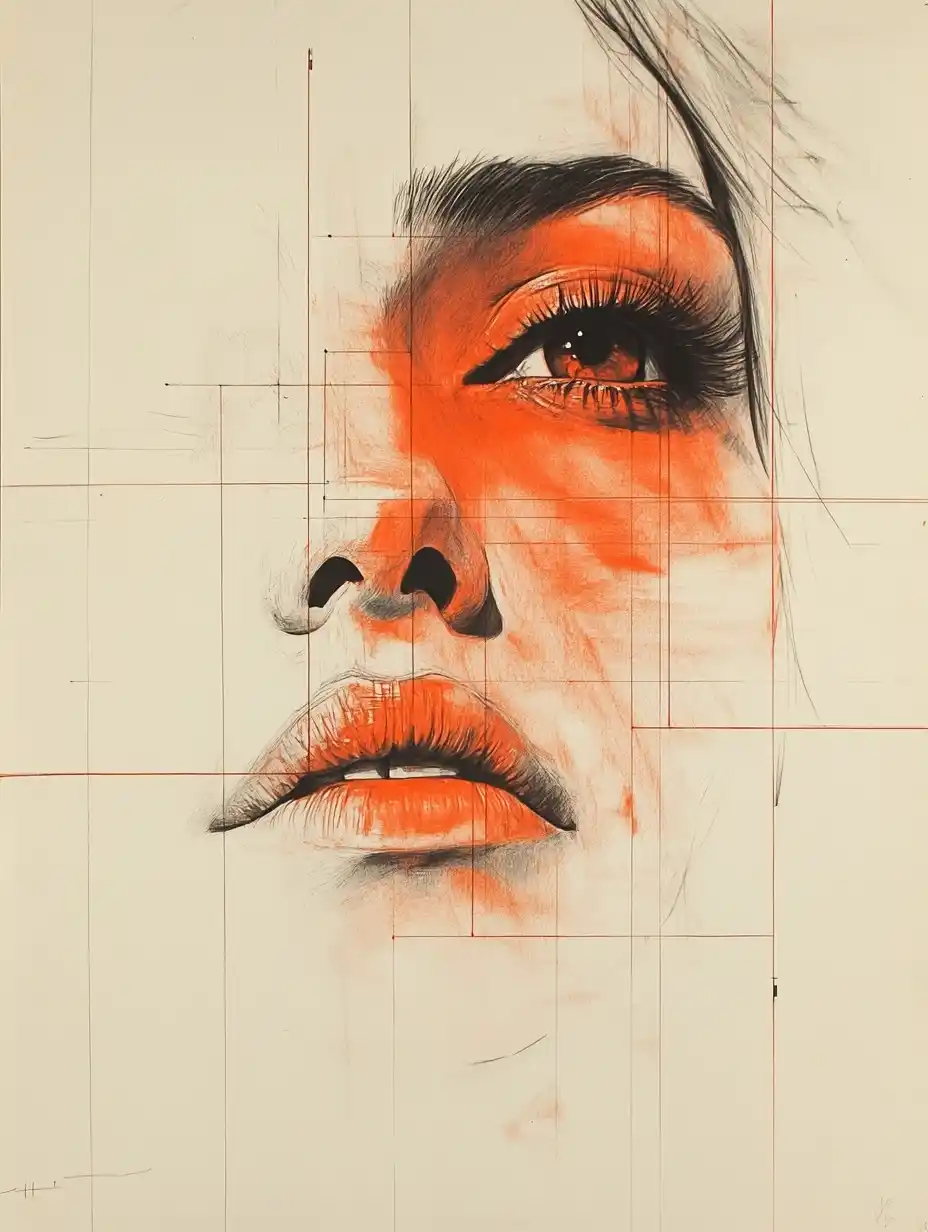 Red Ink Portrait Drawing Midjourney提示词