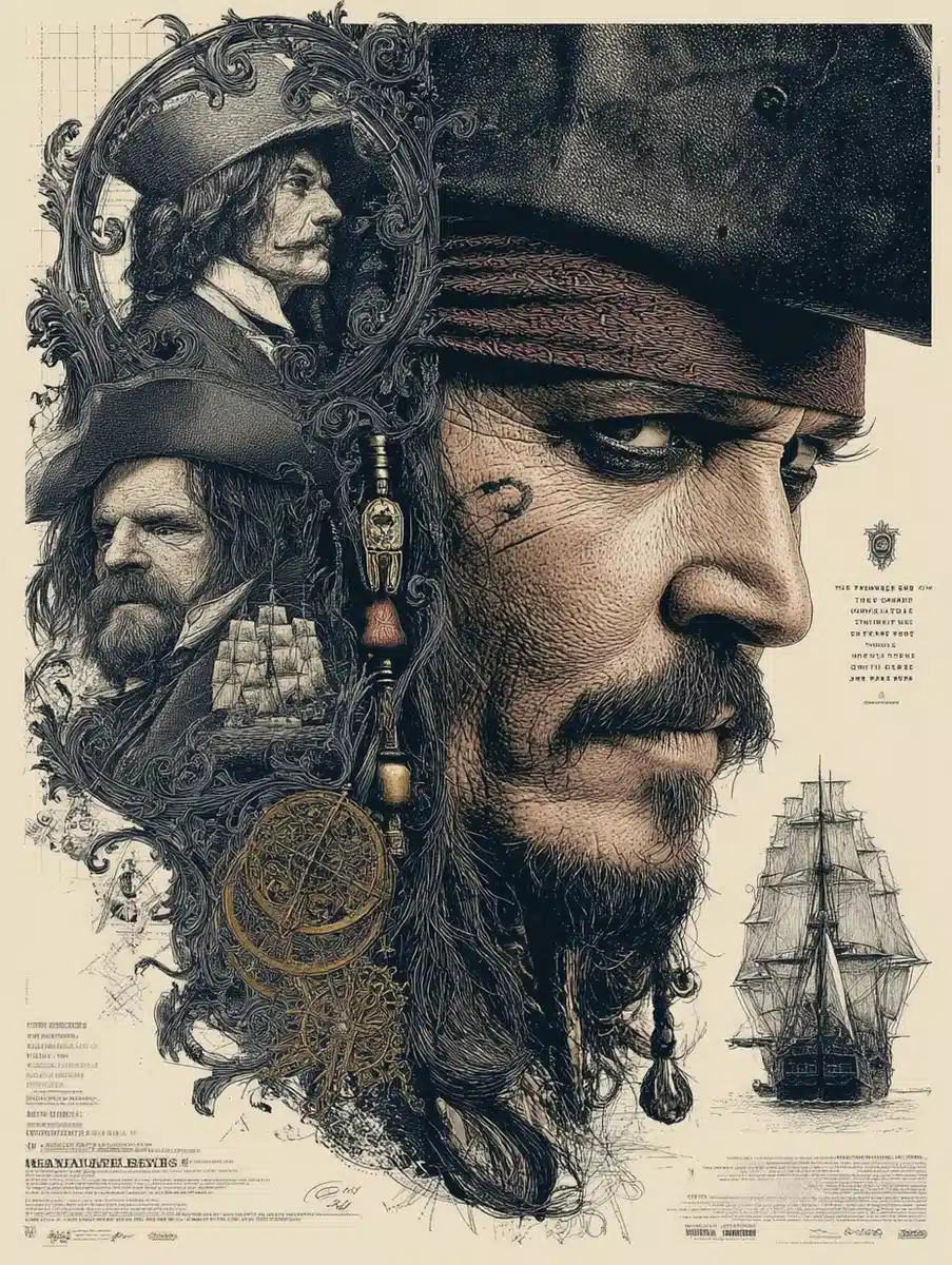 Vintage Woodcut Pirates Poster Midjourney提示词