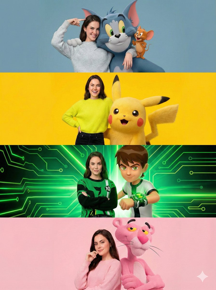Woman with Tom and Jerry, Pikachu, Ben 10, Pink Panther Nano Banana提示词