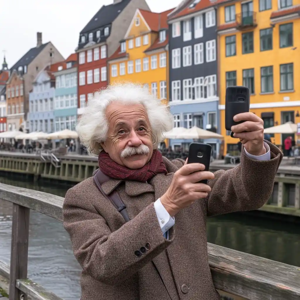 Einstein Selfie in Nyhavn Midjourney提示词