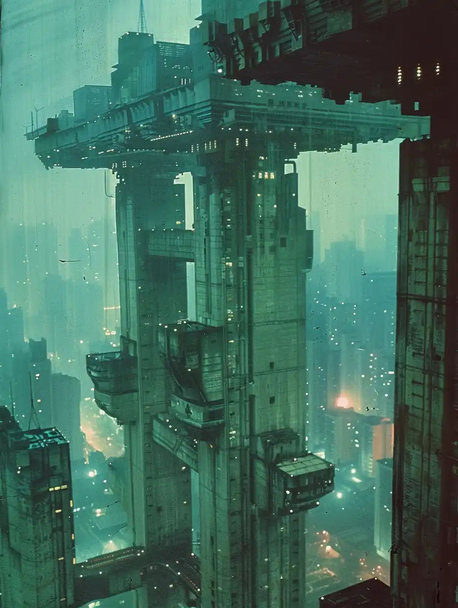 Brutalist Cityscape Dusk Midjourney提示词