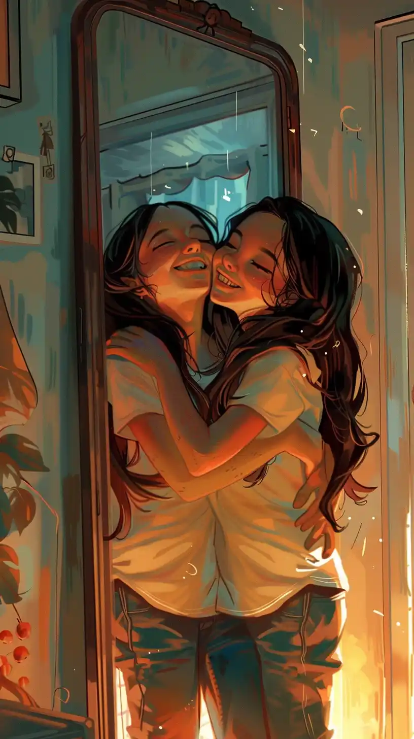 Self-Love Mirror Embrace Midjourney提示词