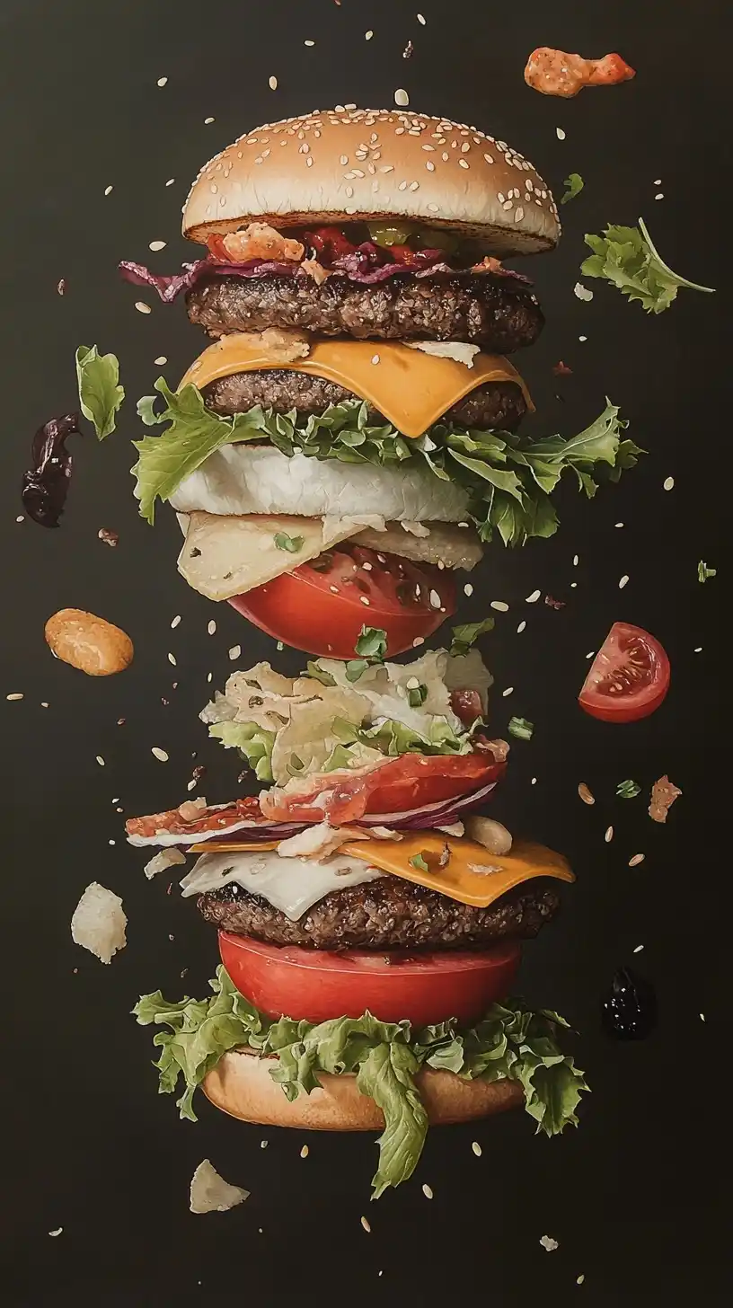 Hyperrealistic Floating Cheeseburger Midjourney 提示词生成效果