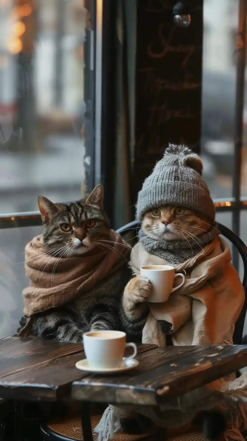 Cats Cafe Scene – Anthropomorphic Illustration Midjourney提示词