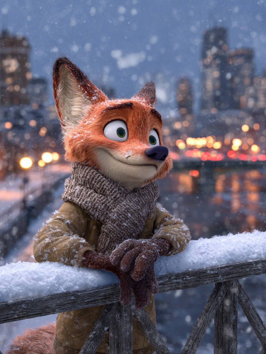 Nick Wilde Zootopia 3D Render - Snowy City Winter Scene Nano Banana提示词