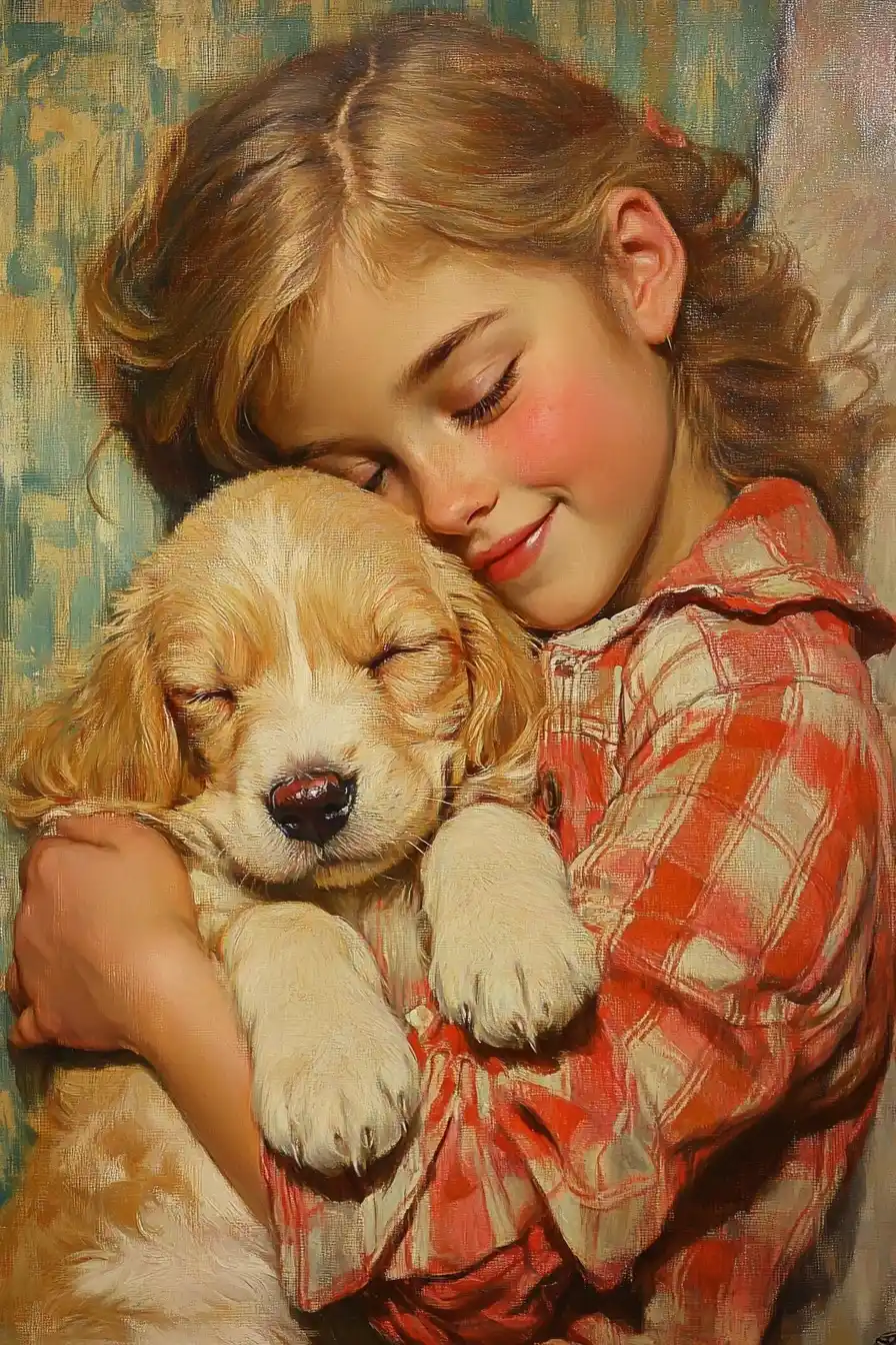 Puppy and Girl Bonding Illustration Midjourney 提示词生成效果