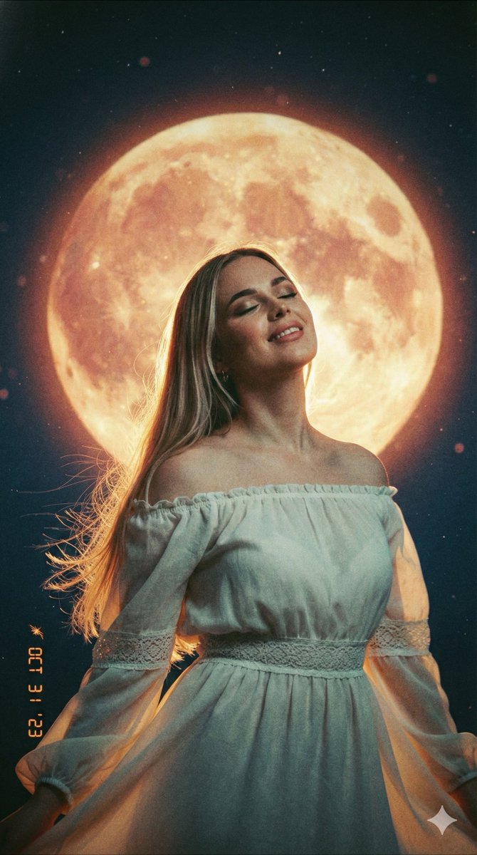 Ethereal Portrait: Woman & Full Moon under Night Sky Nano Banana提示词