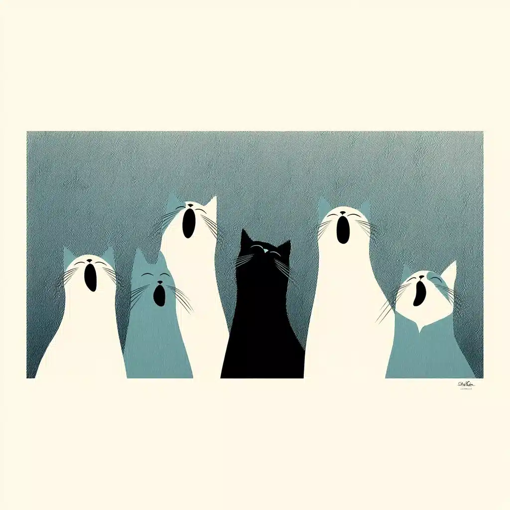 Minimalist Singing Cats Poster Midjourney提示词