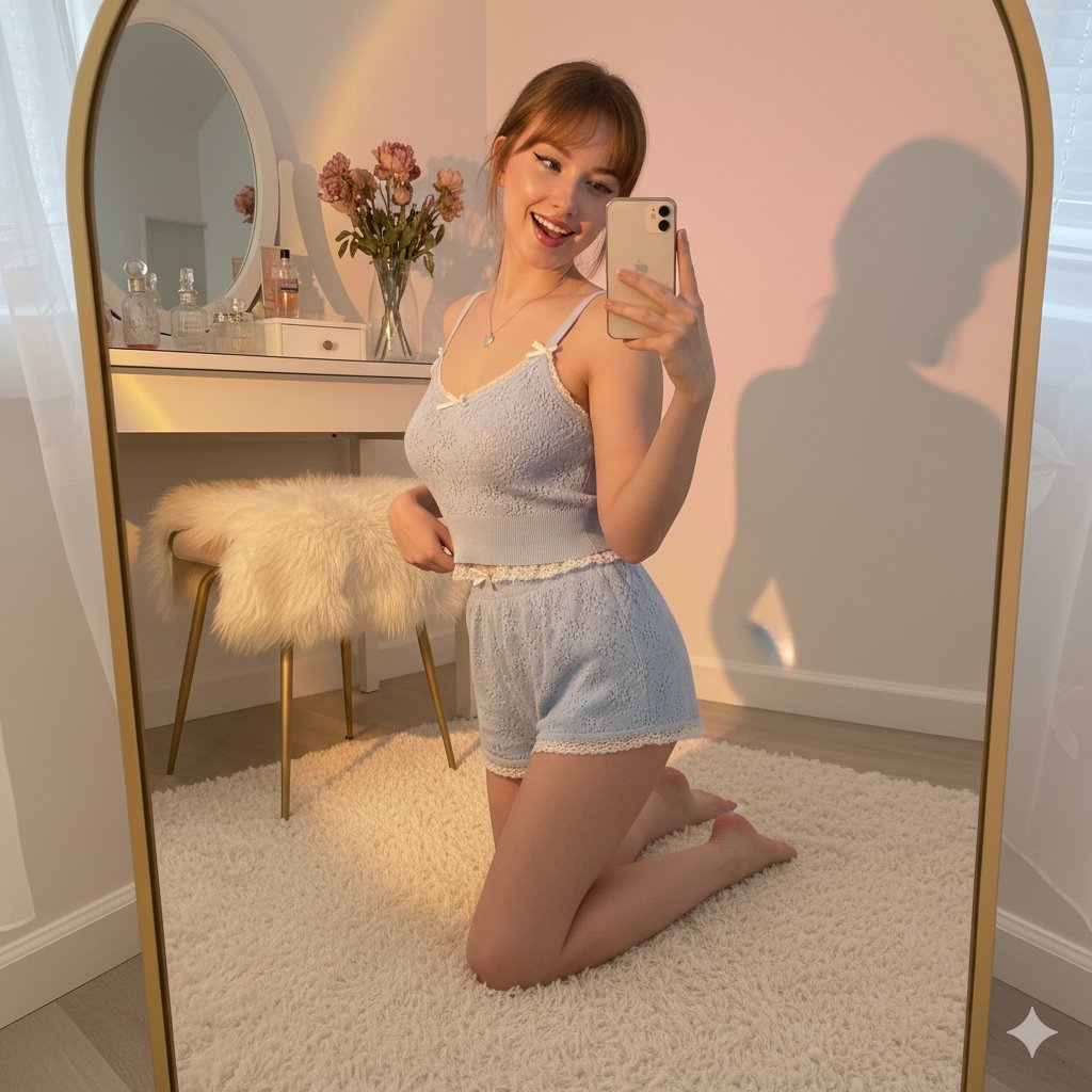 Cheerful Woman in Blue Loungewear Mirror Selfie Nano Banana提示词