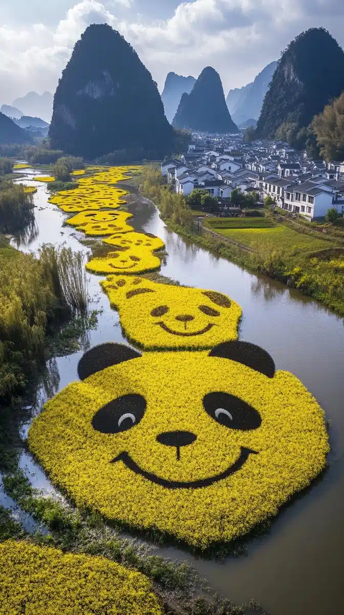 Panda Patterned Flower Field Midjourney提示词