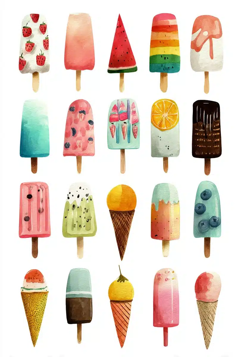 Vibrant Ice Treats Watercolor Midjourney提示词