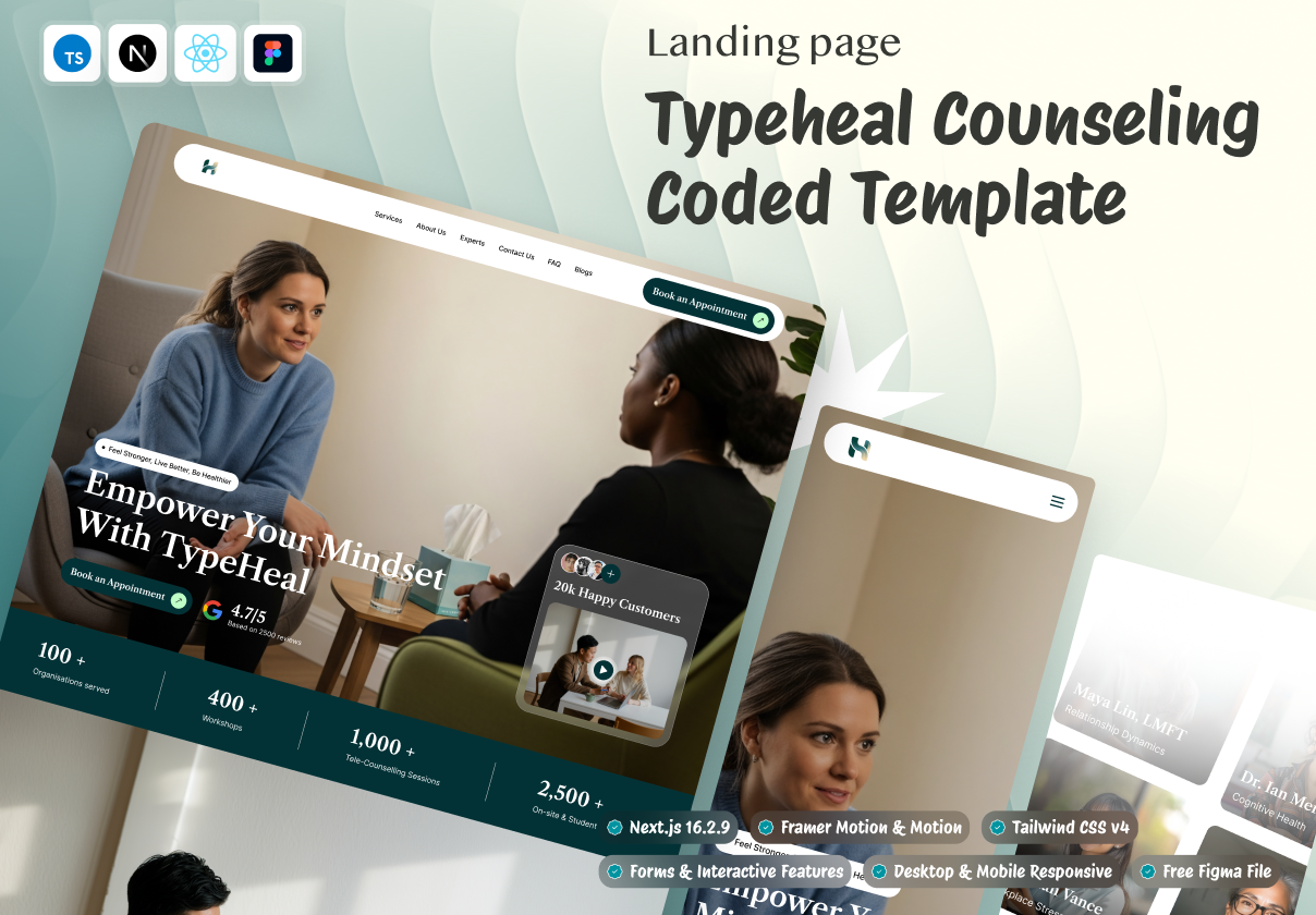 心理咨询落地页模板（Next.js，TypeHeal），TypeHeal – Counseling & Therapy Landing Page (Next.js + React + Tailwind CSS + TypeScript + Figma)