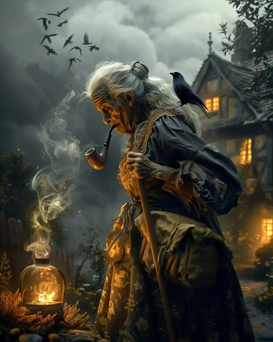 Elderly Witchwoman in Cottage Midjourney提示词