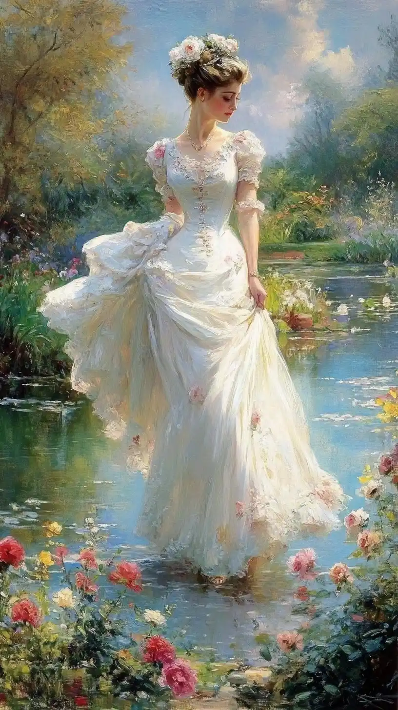 Elegant Woman in Garden Midjourney提示词
