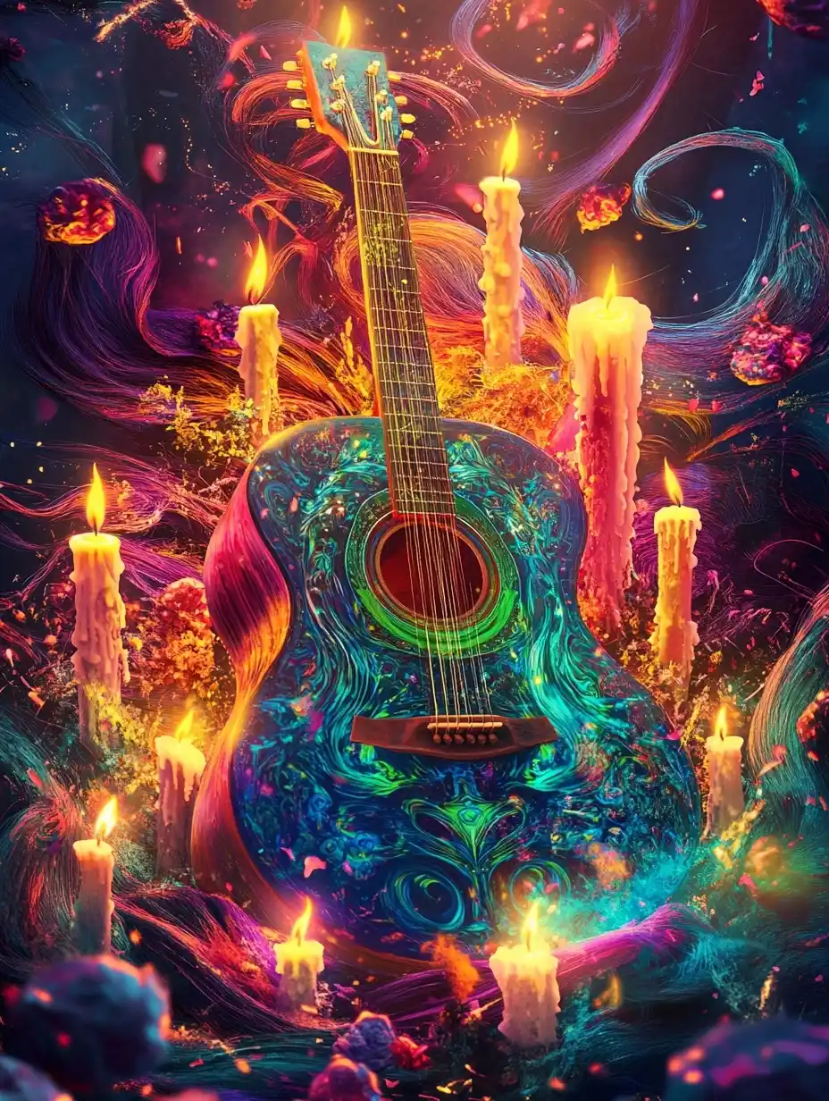 Psychedelic Guitar with Candles Midjourney提示词