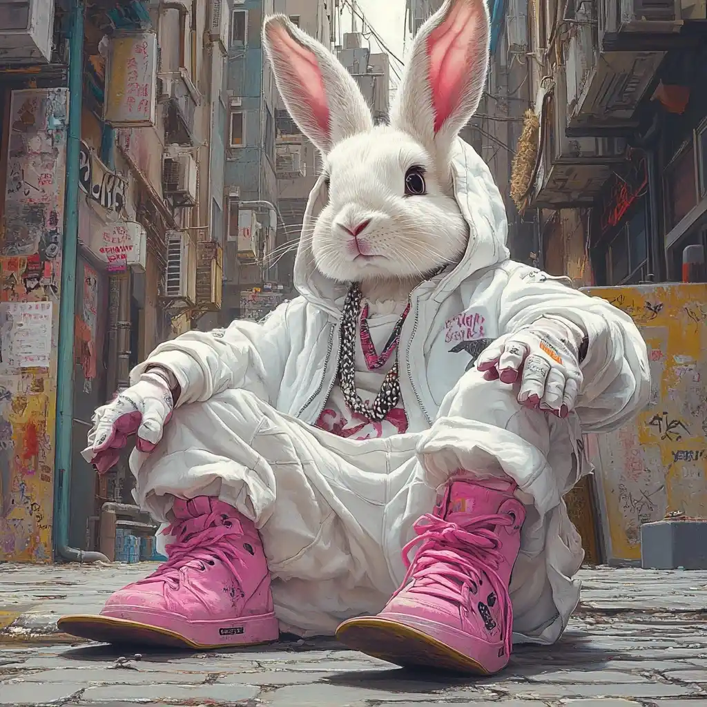 Elegant Hare in Streetwear Midjourney提示词
