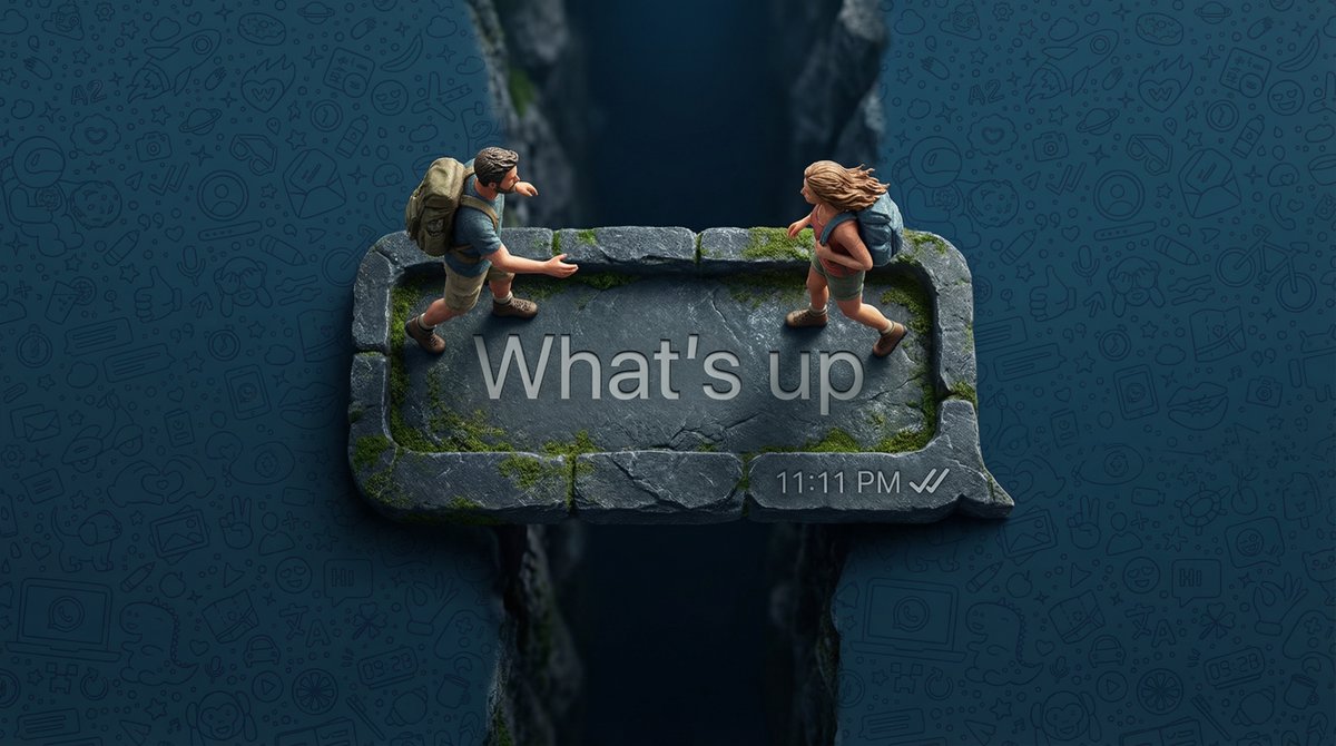 WhatsApp Connection: 3D Render Hikers Across Chasm Nano Banana提示词