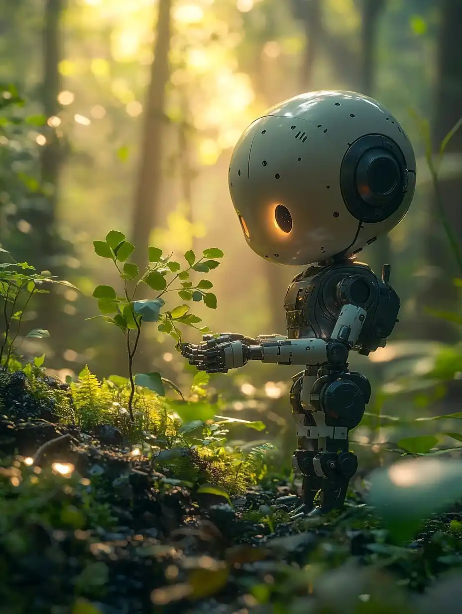 Elegant Robot Planting Sapling Midjourney提示词