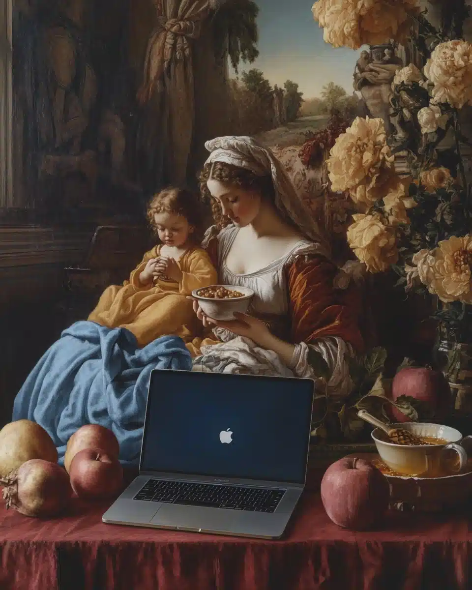 Renaissance Venus with MacBook Midjourney提示词