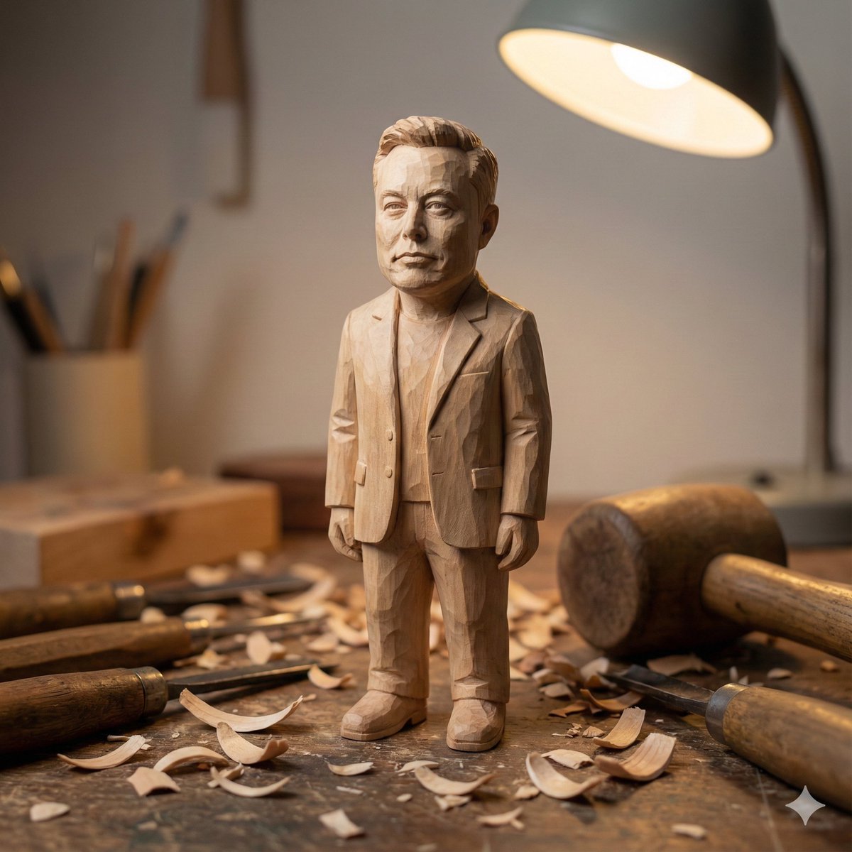 Elon Musk Wood Carving: Detailed Handmade Sculpture Art Nano Banana提示词