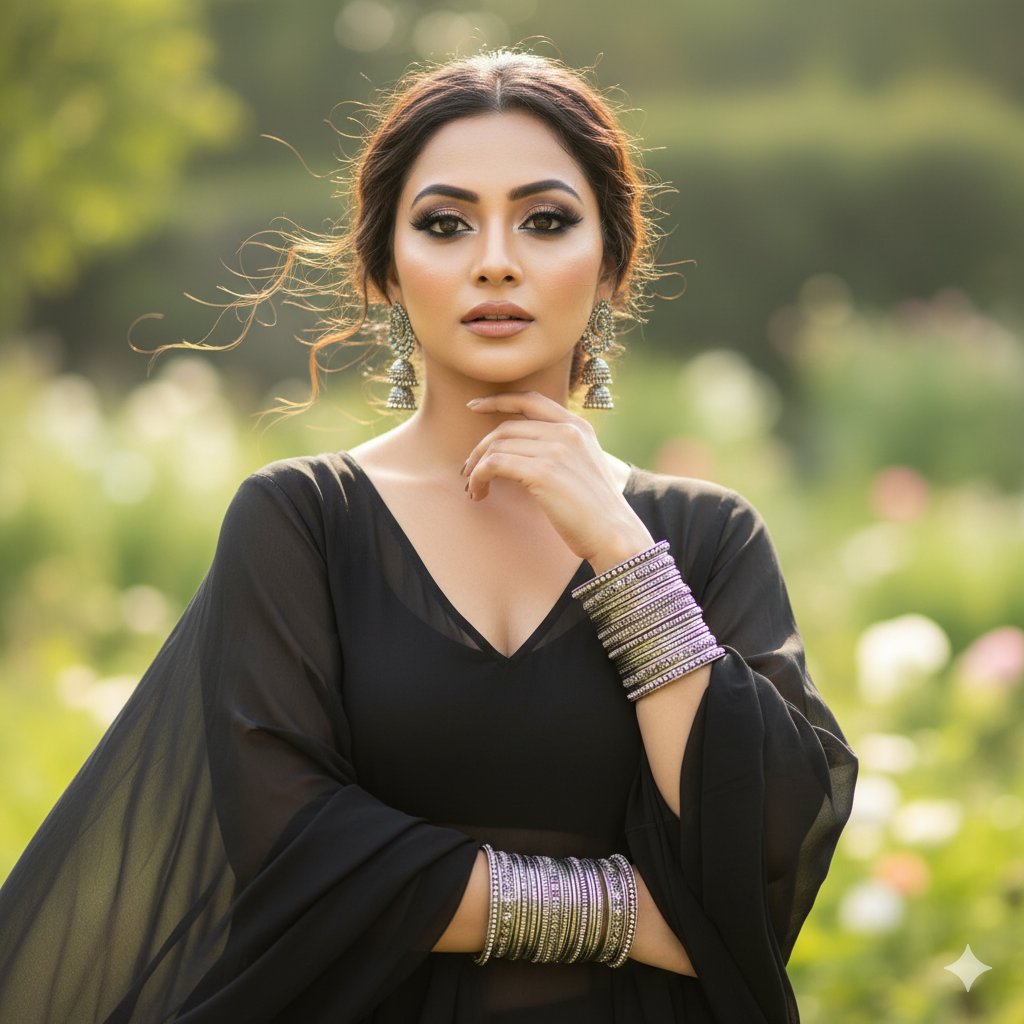 Elegant Indian Woman Portrait: Ethnic Fashion & Silver Jewelry Nano Banana提示词
