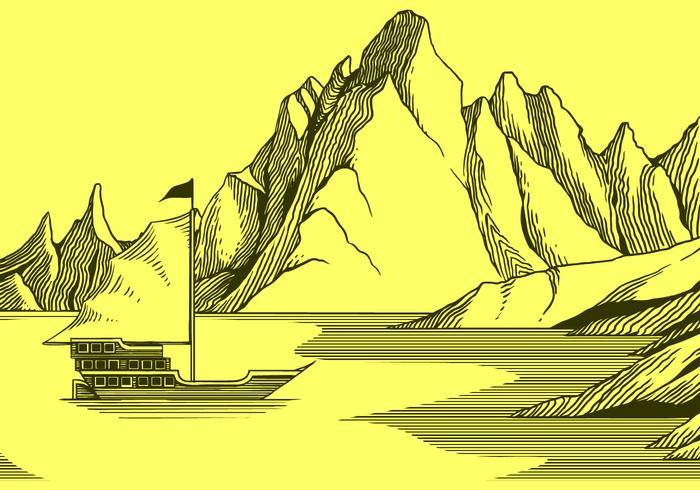 老船和山石版画免费矢量