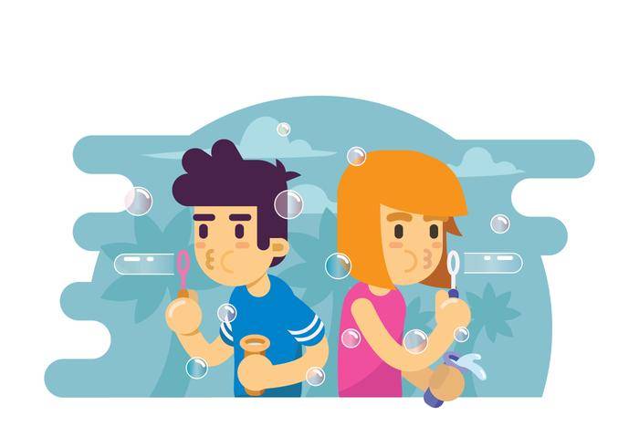 两个孩子玩泡沫吹风机的插图