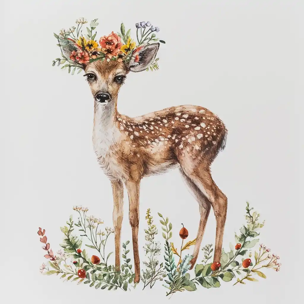 Watercolour Deer with Floral Crown Midjourney提示词