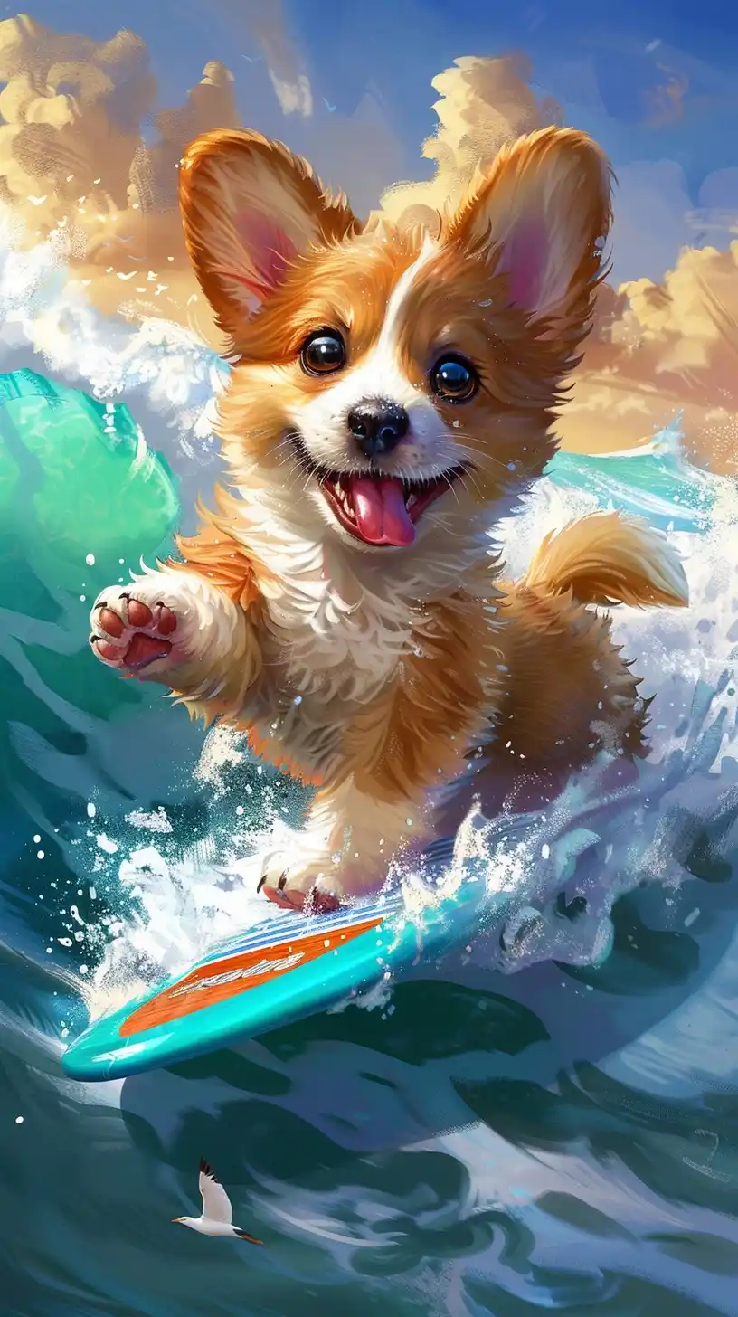 Cartoon Corgi Surfing Midjourney提示词