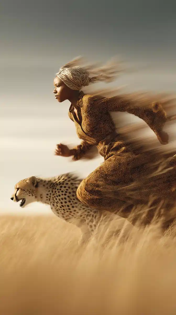 Cheetah and Woman in Motion Midjourney提示词