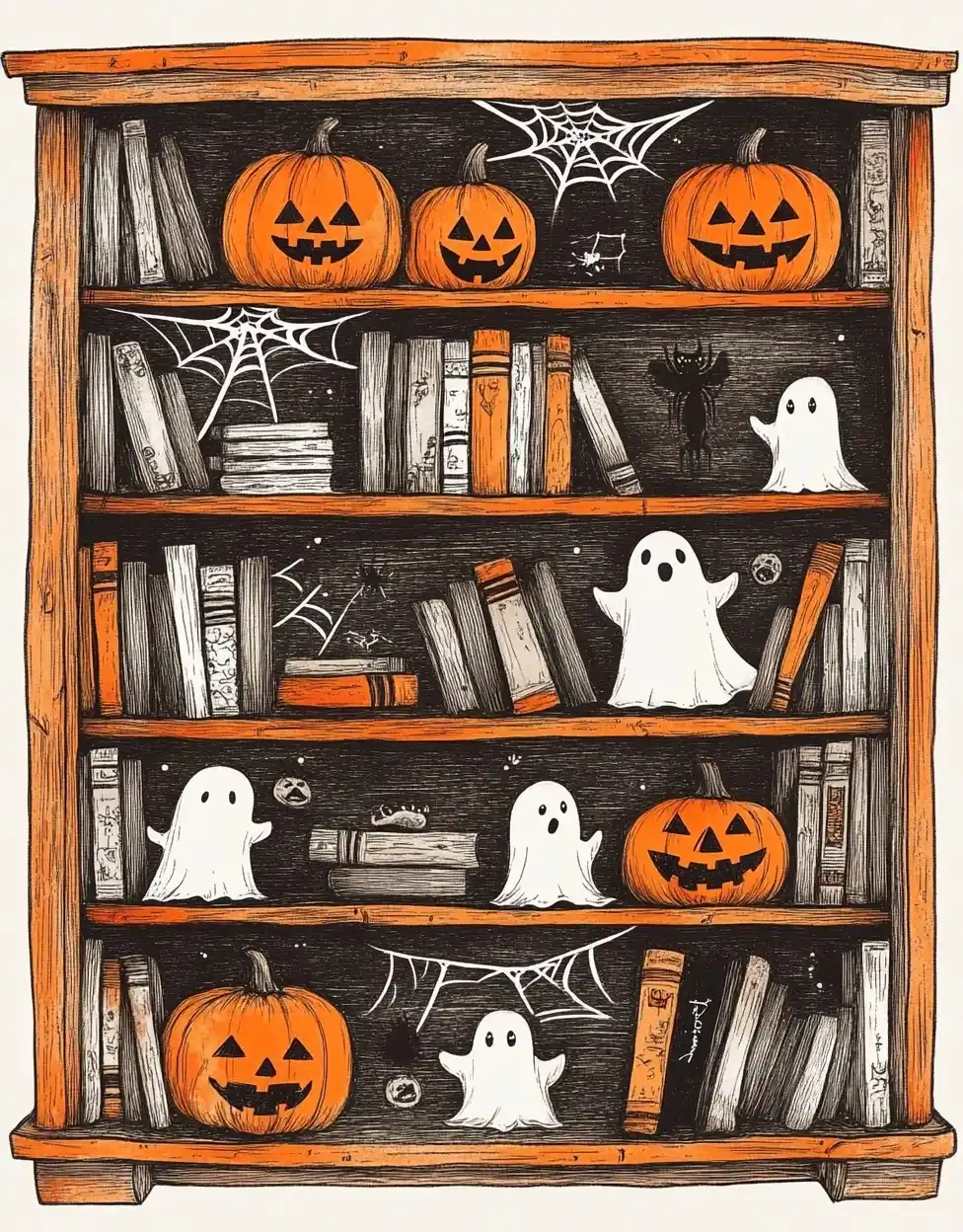 Ink Halloween Bookshelf Midjourney提示词